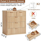 LEYAOYAO Fluted 5 Drawers Dresser for Bedroom Set of 2, 34" Tall Modern Chest of Drawers with Metal Handle, Curved Profile Design,Natural Wood Drawer Organizer for Bedroom, Living Room, Hallway