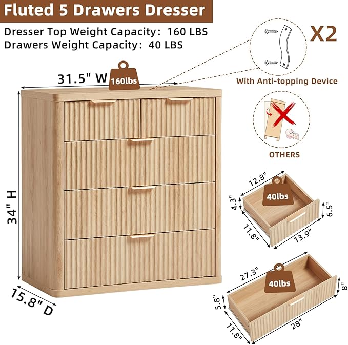 LEYAOYAO Fluted 5 Drawers Dresser for Bedroom, 34" Tall Modern Chest of Drawers with Metal Handle, Curved Profile Design,Natural Wood Drawer Organizer for Bedroom, Living Room, Hallway, Entryway