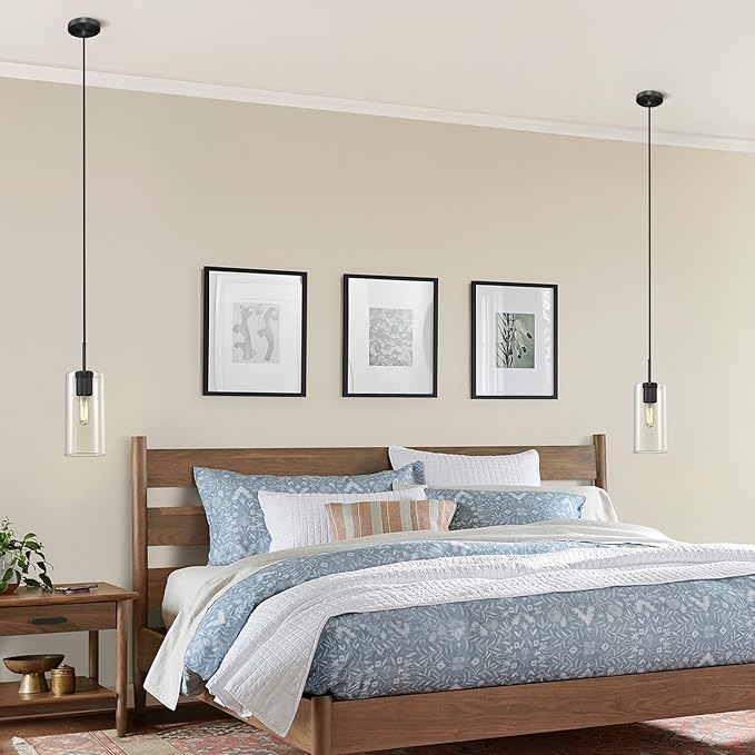 Modern Black Pendant Lights Kitchen Island 2 Pack Glass Pendant Light, 9.5in Farmhouse Clear Glass Cylinder Pendant Light Kitchen Pendant Lighting Over Island for Sink, Bathroom, Bar,Dining