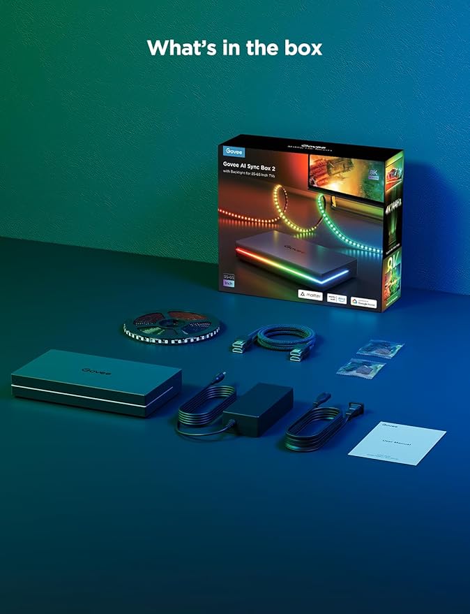 Govee HDMI 2.1 Sync Box 2, AI Sync Box with TV Backlight, Supports 8K@60Hz, 4K@144Hz, VRR and ALLM, Works with Matter and Alexa, RGBIC LED Light Strip for 55-65 inch TVs, 75 LEDs/m