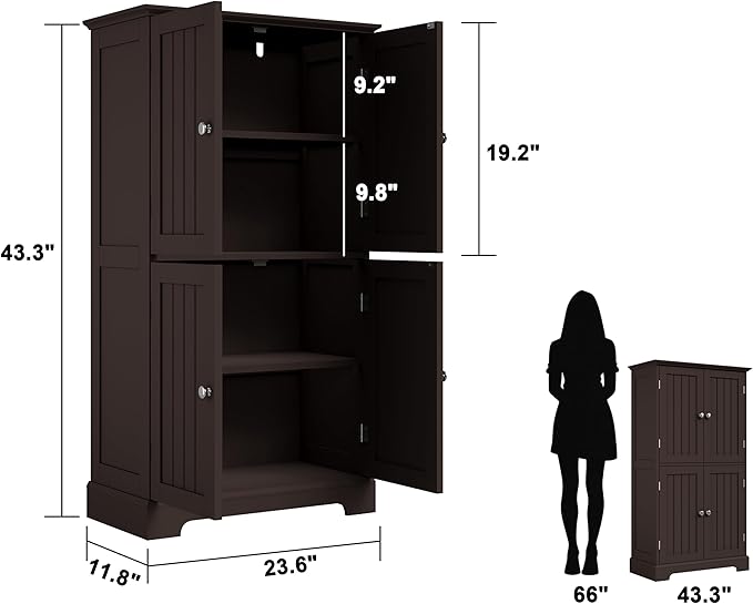 ChooChoo Bathroom Floor Cabinet, Modern Bathroom Storage Cabinet with 4 Doors and Adjustable Shelves, Freestanding Cupboard for Living Room, Espresso
