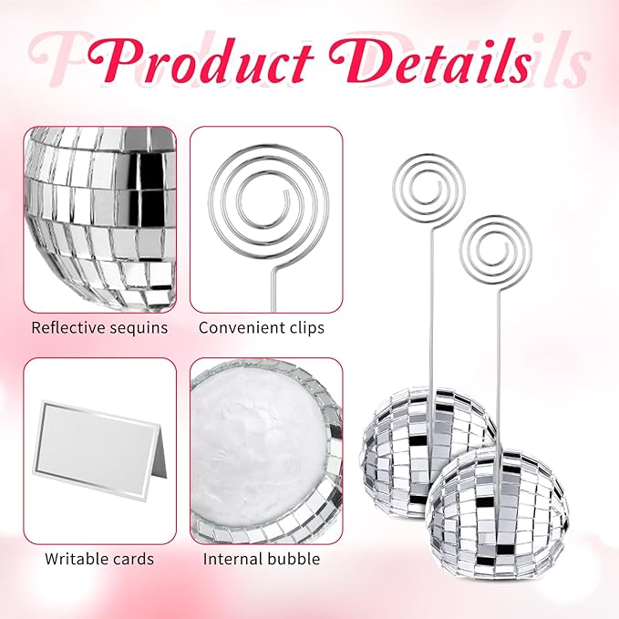 Prasacco 20 Set Disco Ball Table Number Holders, 2 Inch Silver Disco Ball Place Card Holder with Swirl Wire Clips und Name Cards for Wedding Party Decoration, Photo Display Holder, Desktop Decorations