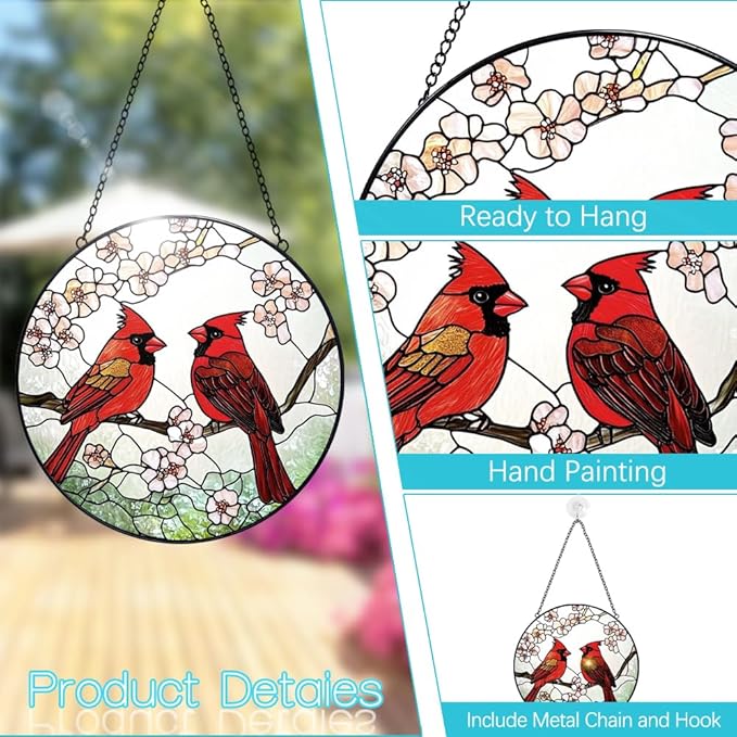 Cardinal Suncatcher Stained Glass Window Hanging - 8” Stained Glass Suncatchers for Windows - Sun Catchers Indoor Window Catcher with Hooks and Chain - Birthday Gifts for Mom Grandma