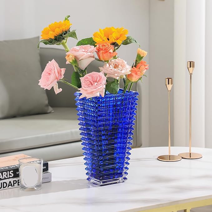 MCMCNCUIU Crystal Glass Vase, Large Crystal Vases for Flowers, Large Flower Vase, Blue Modern Vases for Living Room, Bedroom, Kitchen, Dining Table, Mantle, Wedding, 11 Inches