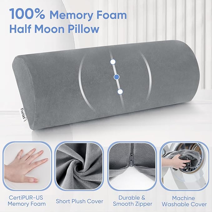 Forias Knee Pillow for Back Sleeping, Memory Foam Leg Pillow for Side Sleeping Bolster Pillow for Legs Elevation Half Moon Leg Elevation Pillow for Knee Lumbar Support, Ankle Rest and Foot Comfort