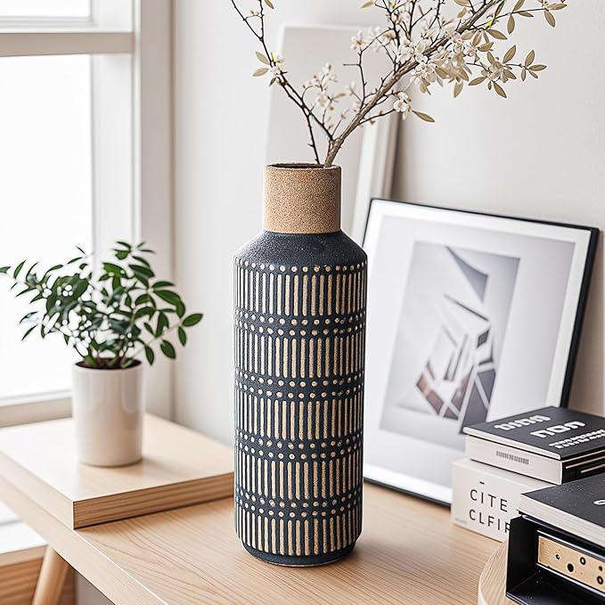 Rustic Ceramic Vase for Living Room Bedroom 11.02'' Antique Black Flower Vase for Bouquet Fake Plant Home Decor Office Table Shelf Fireplace Centerpieces Retro Vintage Classic Modern