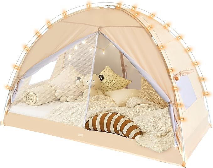 LEEDOR Bed Canopy for Kids/Adults,Mosquito Net & Privacy Tent 2-in-1 Bed Tent, Mesh & Blackout Cloth Double Design Dream Tent,Indoor Safety Bed Tent for Girls/Boys Twin & String Lights (No Mattress)