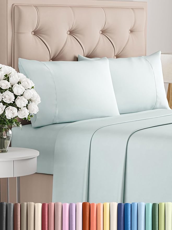 Twin Sheets Set 4 Piece - Includes 2 Pillowcases - Bed Sheets Twin Size - Soft Hotel Luxury Bedding - Cooling, Comfy, Cozy & Breathable - 1 Flat & 1 Fitted & 2 Pillowcases w/ Deep Pockets - Ice Blue