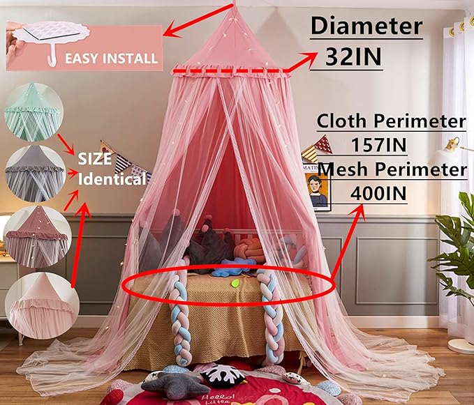 VETHIN Bed Canopy for with Lights,Double Layer Princess Round Dome Dreamy Mosquito Net Bedding Girls Room Castle Play Tent Hanging House Decor Reading Nook Canopies(Beige Pink/White)