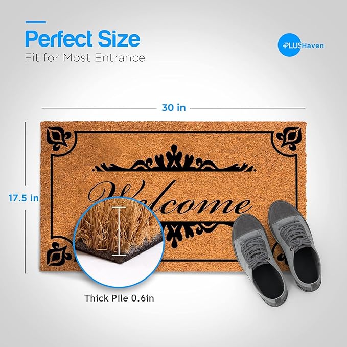 PLUS Haven Coco Coir Door Mat with Heavy Duty Backing, Natural Welcome Doormat, 17.5”x30” for Entrance, Front Porch, Easy to Clean Entry Mat, Outdoor and Indoor Uses, Home Décor