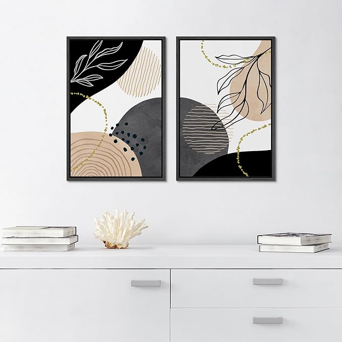 SIGNFORD Framed Canvas Print Wall Art Set Mid-Century Nordic Geometric Ring Plants Abstract Shapes Illustrations Modern Art Decorative Bohemian for Living Room, Bedroom, Office - 24"x36"x2 Black