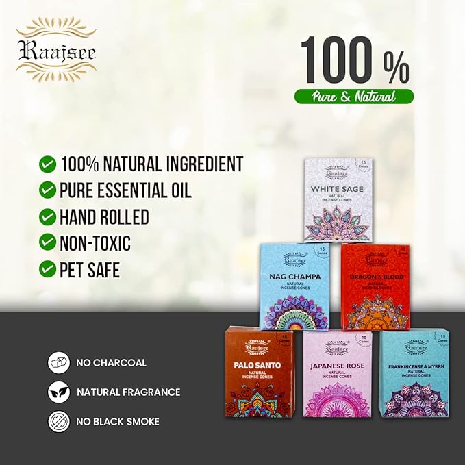 Raajsee Natural Incense Cones,6 Pack Mixed Scents Gift Pack 15 pc Each (90 Total), Insense Cones Variety Pack, 100% Organic Non Toxic Natural - Hand Rolled Free from Chemicals (Pack 1)