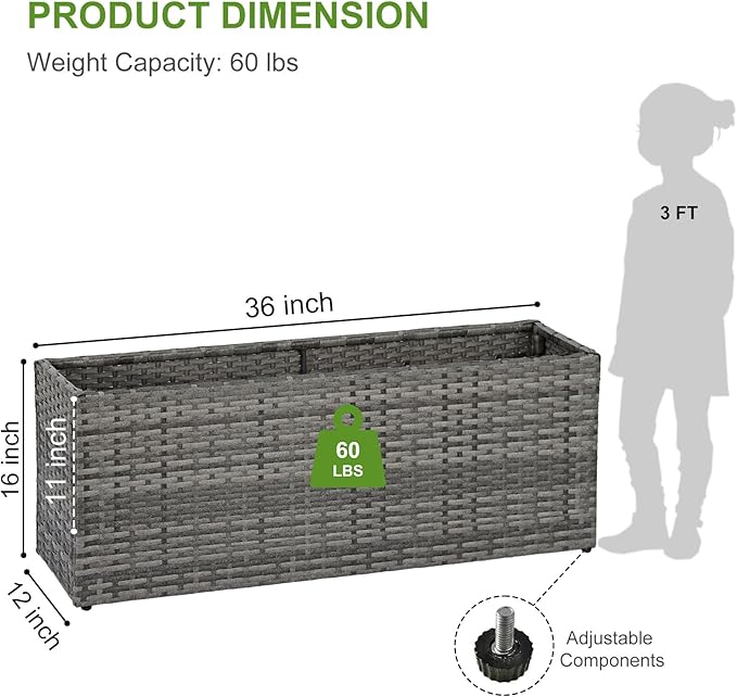 LEWIS&WAYNE Large Rectangular Block Planter Box Handmade Wicker Tall Planters for Outdoor Plants with Removable Liners Modern Planter for Indoor Outdoor Patio Deck - Gray, 36''x12''x16''