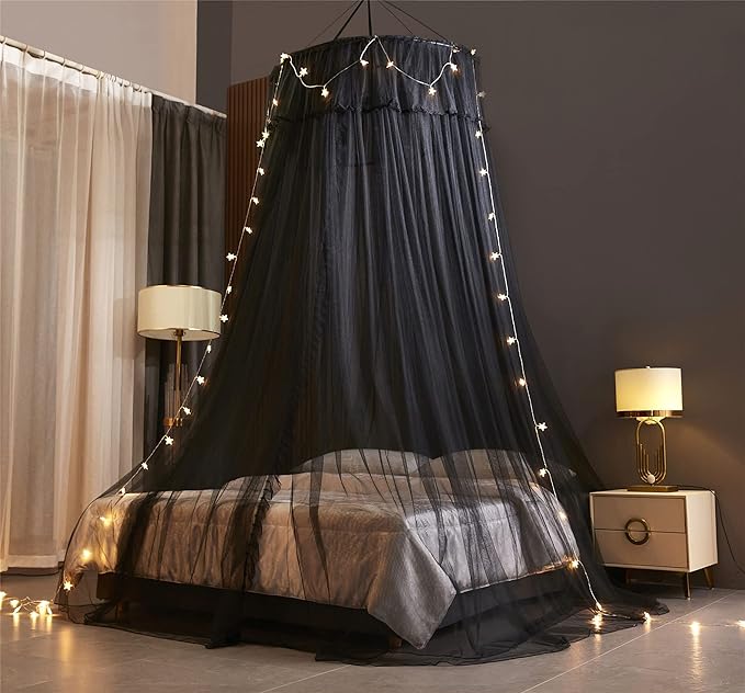 VETHIN Princess Bed Canopy for Girls,Bed Canopy Curtain- Double Layer Sheer Mesh Dome Bed Curtain- Round Lace Princess Mosquito Net Tent (Double Black-2)