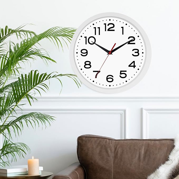 Wall Clock Silent Non-Ticking Modern Clock Battery Operated 10 Inch Small Classic Analog Decorative for Kitchen, Living Room, Office, Bedroom, Bathroom (White)