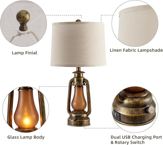 RORIANO 25" Set of 2 Rustic Lantern Table Lamps for Living Room Bedroom, 2 USB Ports Farmhouse Vintage Bedside Desk Lamp Nightlight for Entryway Office End Table, 4 Bulbs Included