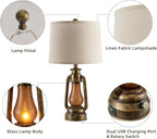 RORIANO 25" Set of 2 Rustic Lantern Table Lamps for Living Room Bedroom, 2 USB Ports Farmhouse Vintage Bedside Desk Lamp Nightlight for Entryway Office End Table, 4 Bulbs Included