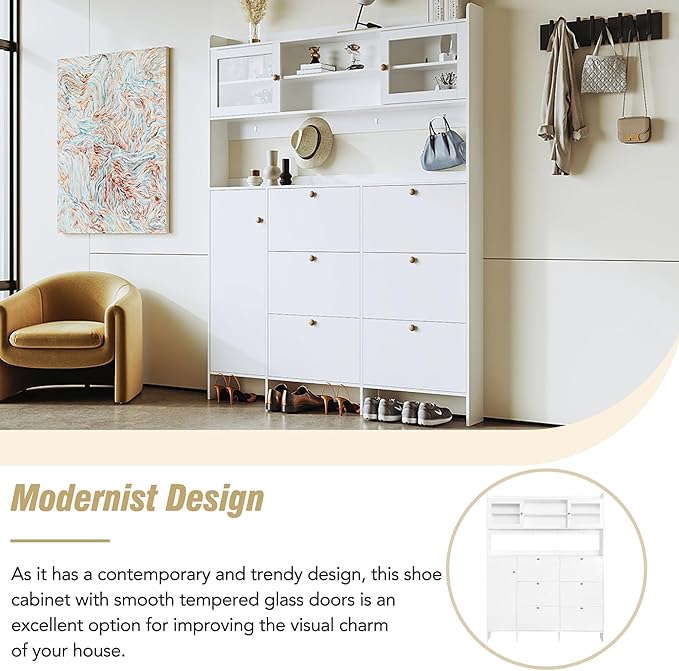 Ball & Cast Tipping Bucket 3-Tier Shoe Cabinet with 6 Flip Drawers and Storage Shelf,Entryway Hall Tree with Tempered Glass Doors and 4 Hooks,for Hallway,Mudroom,Living Room,White