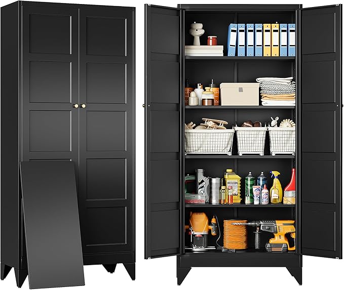 Metal Storages Cabinet with 2 Doors and 5 Shelves,Tall Storage Cabinet,Large Cupboard Closet,Pantry Storage Cabinet for Home,Office,Bathroom,Dining/Living Room (Black, 71" H)