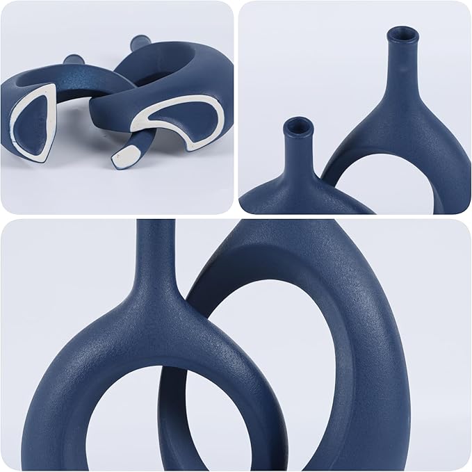 Blue Ceramic Vase Set of 2 - Modern Navy Blue Vase for Dining Table Centerpieces, Farmhouse and Home Decor, Office Partitions, Mantelpiece, Entrance Decoration