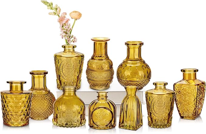 Glass Bud Vases Set of 10, Small Flower Vase in Bulk for Centerpieces, Mini Vintage Amber Vases for Rustic Wedding Vintage Home Table Decor