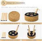 Handwoven Outdoor Ottoman, Water Hyacinth Pouf Round Patio Footstool with Wood Legs, 17-Inch Multipurpose Vanity Stool, Dining Chair, Patio Footrest for Balcony and Garden, White