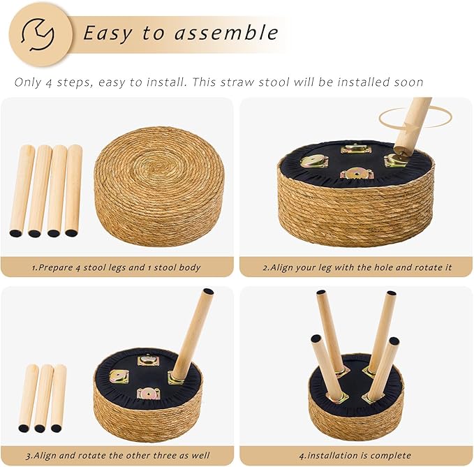 Handwoven Outdoor Ottoman, Water Hyacinth Pouf Round Patio Footstool with Wood Legs, 17-Inch Multipurpose Vanity Stool, Dining Chair, Patio Footrest for Balcony and Garden, Natural