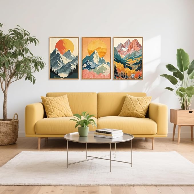 HPNIUB Mountains Forests Framed Canvas Wall Art Set, Abstract Woodland Painting, Boho Scenery Sun Wall Decor, Pretty Grassland River Artwork for Living Room, Bedroom, Dining Room, Office - 16"x24"x3