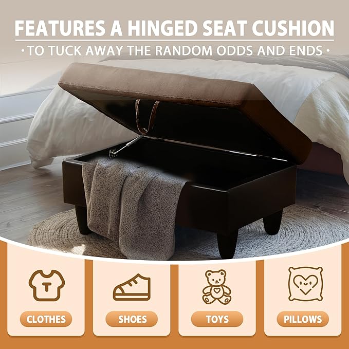 Ottoman Rectangular Storage Ottoman Bench, Flannel Footrest Stool Footstool with Lid for Living Room, Bedroom, Entryway, Brown&Black, 35"x23.5"x17.5"