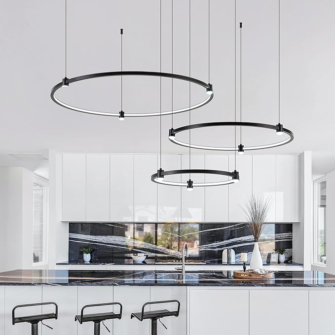 Modern Led Chandelier, 3-Rings Light Modern Led Pendant Light Black Dimmable Integrated Ceiling Hanging Pendant Lighting for Kitchen Island Dining Room Living Room Office 3000K 4000K 6000K