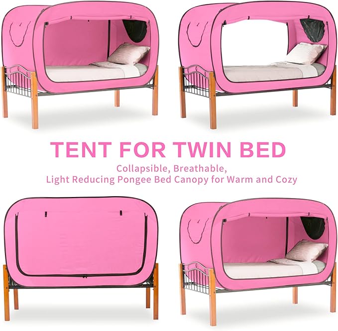 Bed Tent Twin Bed Canopy Portable Dream Tent for Adult Indoor Sleeping Tents with 2 Doors Breathable Private Space Tents, Pink