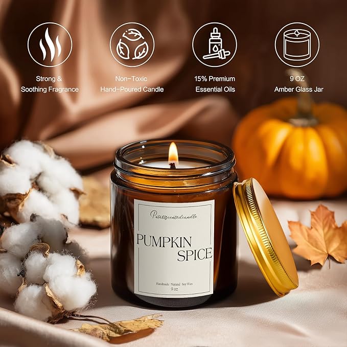 Pumpkin Spice Scented Candles for Home, Natural Soy Wax Aromatherapy Non Toxic Pumpkin Fall Candle Gifts for Women Men, Autumn Amber Glass Jar Candle Decoration for Halloween Holidays (9oz