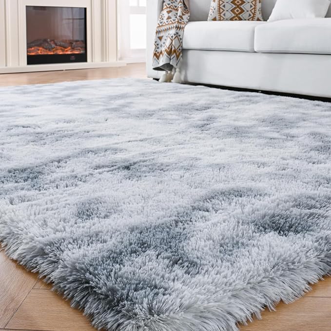 Shag Rugs 8x10 Living Room: Shag Area Rug for Bedroom - Gray Large Fluffy Soft Carpet (Tie-Dyed Light Gray, 8x10 Feet)