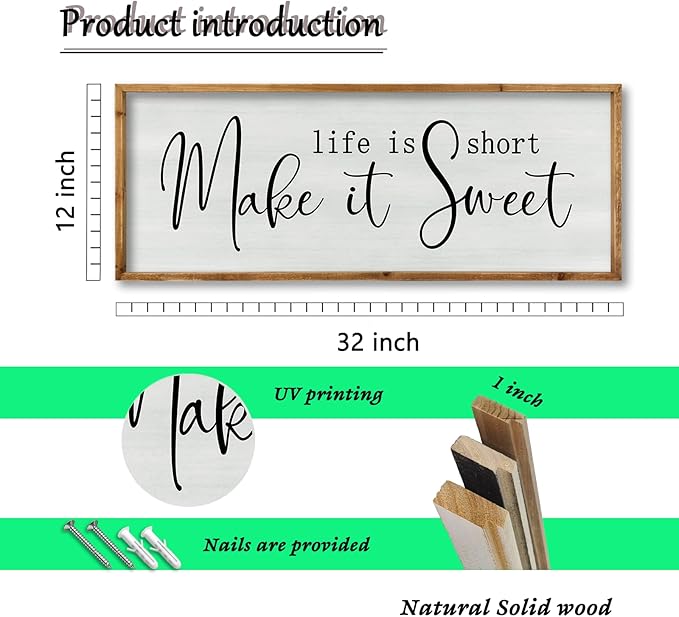 ZZJJHYWGQ Life is Short Make It Sweet Sign Wall Decor 32"×12" for Bedroom Family Lnspirational Quote Large Wood Framed Wall Hanging Art (Wood)
