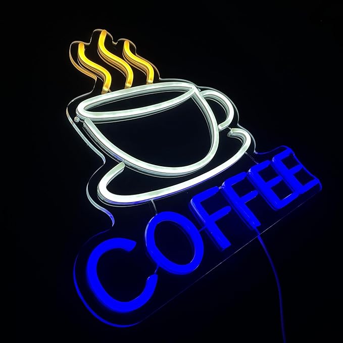 COFFEE Neon Sign in Yellow, White & Blue for Coffee Shops & Restaurants – Vibrant Multicolor LED Wall Light – Eye-Catching Decor for Cafés and Beverage Counters (Blue, Yellow, White)