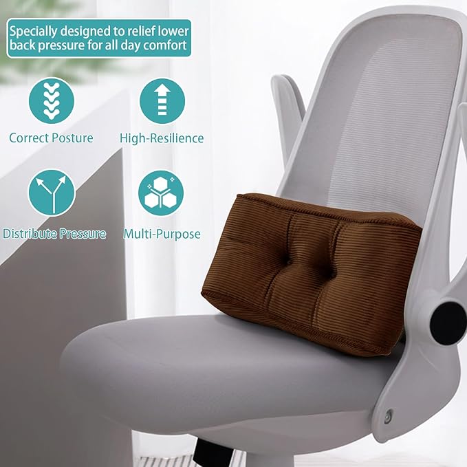 Lumbar Support Pillow for Office Chairs, Back Support Pillow for Lower Back Pain Relief, Soft & Good Support Corduroy Desk Lumbar Cushion, Small (Brown)