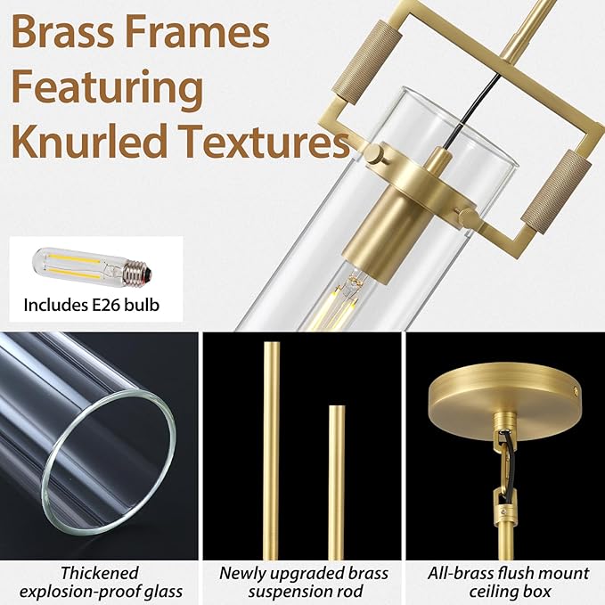 Brass Pendant Lights Kitchen Island, Modern Gold Pendant Lights,12Inch Glass Knurled Kitchen Pendant Lighting Over Island,Farmhouse Island Lights For Kitchen Sink,Bathroom,Bedroom,Included E26 Bulbs