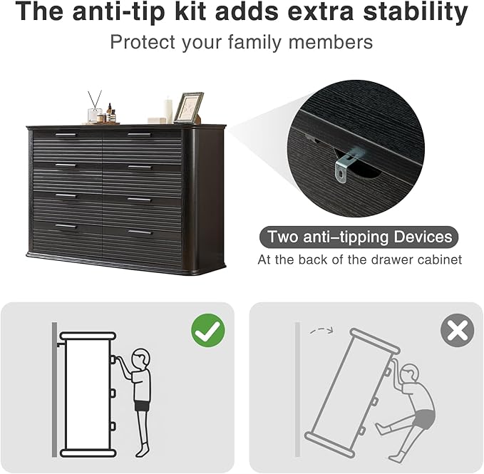 Okvnbjk Fluted 8 Drawer Dresser, 52" Wide Modern Wood Dresser for Bedroom, Chest of Drawers with Curved Profile Design, TV Stand & Storage Organizer for Living Room, Hallway, Black