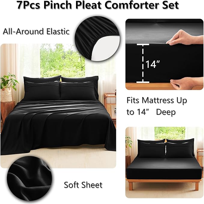 CozyLux King Size Comforter Set Black, 7 Pieces Soft Pinch Pleat Bed in a Bag King Comforter Set with Sheets, Boho Bed Set with Down Alternative Comforter, Sheets, Pillowcases & Shams