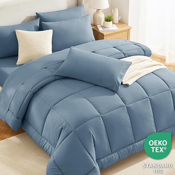 CozyLux Full Size Comforter Sets Mineral Blue, 7 Pieces Bed in a Bag, Blue Comforter Full Size, All Season Bedding Sets with Stitch Quilted Comforter, Flat Sheet, Fitted Sheet, Pillowcases