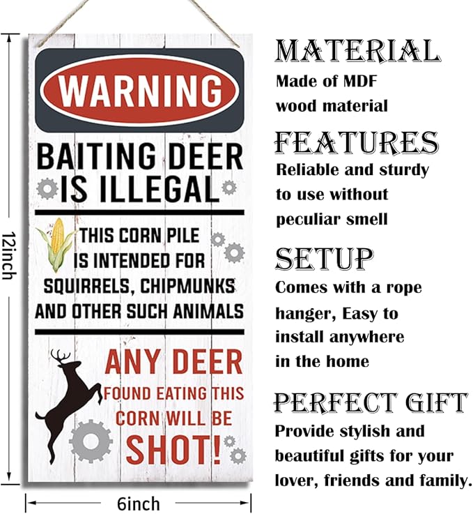 Warning Signs, Funny Hunting Sign Wall Decor, Baiting Deer Is Illegal Sign, Decorative Wood Hanging Wood Plaque, Man Cave Bar Cabin Decor, Pub Decor, Farmhouse Wall Decor for Coffee & Bar
