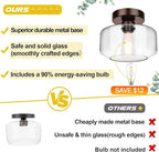 Industrial Semi Flush Mount Ceiling Light Brown, 800 Lumen LED Bulb Included, Clear Glass Shade Ceiling Light Fixture, Light Fixture for Hallway Bathroom Bedroom, Vintage Hanging Light Fixtures