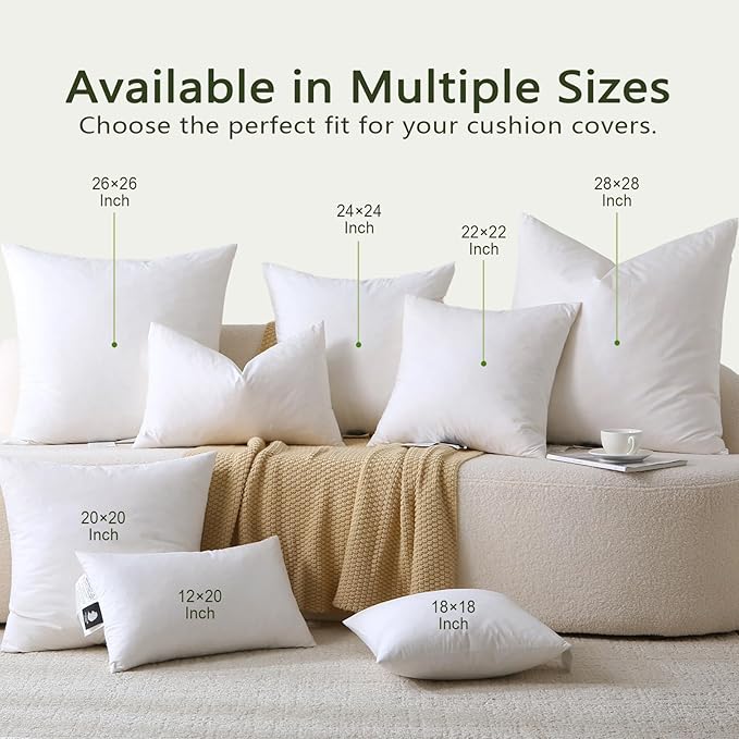 DWR Set of 2 Feather Down Throw Pillow Inserts 16x16 with Organic Cotton Cover, Feather Square White Decorative Pillow Inserts for Bed, Sofa, and Couch