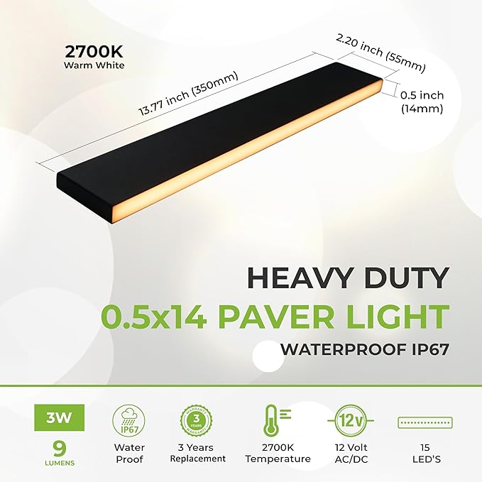 LUMENGY Paver Light Slim 0.5x14 Inch(0.55 x 13.77 inches) Glare-Free Steel Lighting for Pavers, Brick, Walls, Driveways, Walkways & Pathways, 2700K Warm White, Waterproof, Drive-Over, 12V AC/DC Wired.