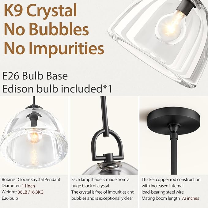 Crystal Black Pendant Lights Kitchen Island, 11" Crystal Dome Pendant Lighting, Modern Island Lights for Kitchen, Farmhouse Crystals Dome Black Pendant Light for Hallway Dining Room Bedroom