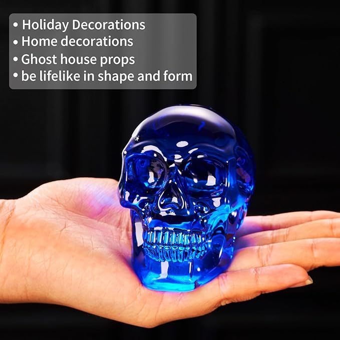 Crystal Halloween Skull Skeleton Decor, Blue Glass Skull Gifts for Men Home Decorations with Gift Box, Art Glass Day of The Dead Skull Halloween Paperweights Collectibles (Blue)