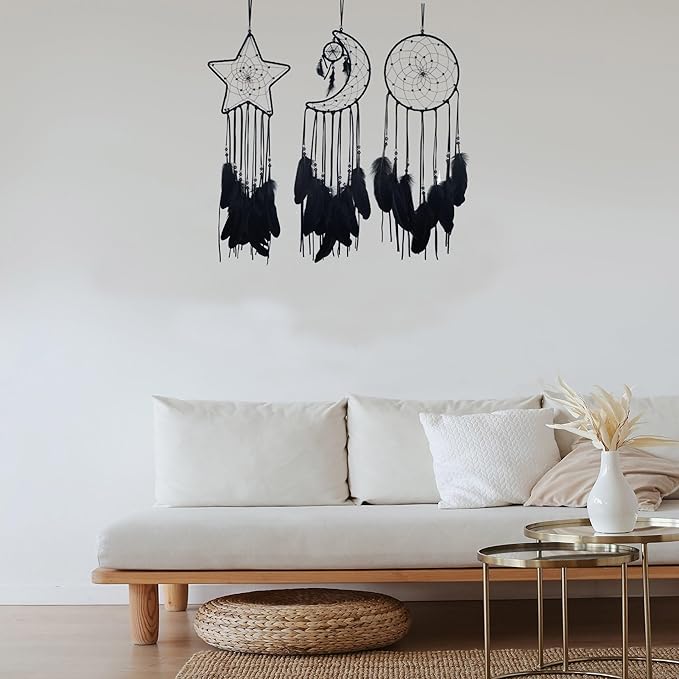 3PCS/LOT Star Moon Sun Shape Dream Catcher Home Decoration, and Baby Kids Room Accessory - Dream Catcher with Feather Decoration - Unique Home Craft Wall Pendant (Black)
