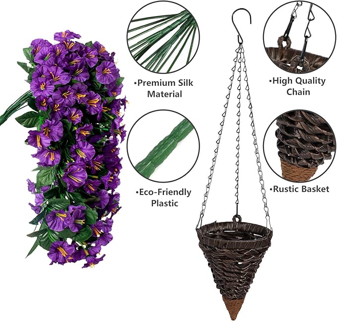 Artificial Faux Hanging Flowers Plants Basket for Outdoor Outside Porch Decoration, UV Resistant Fake Silk Purple Morning Glory Trailing Vines Realistic for Summer Home Balcony Yard Patio