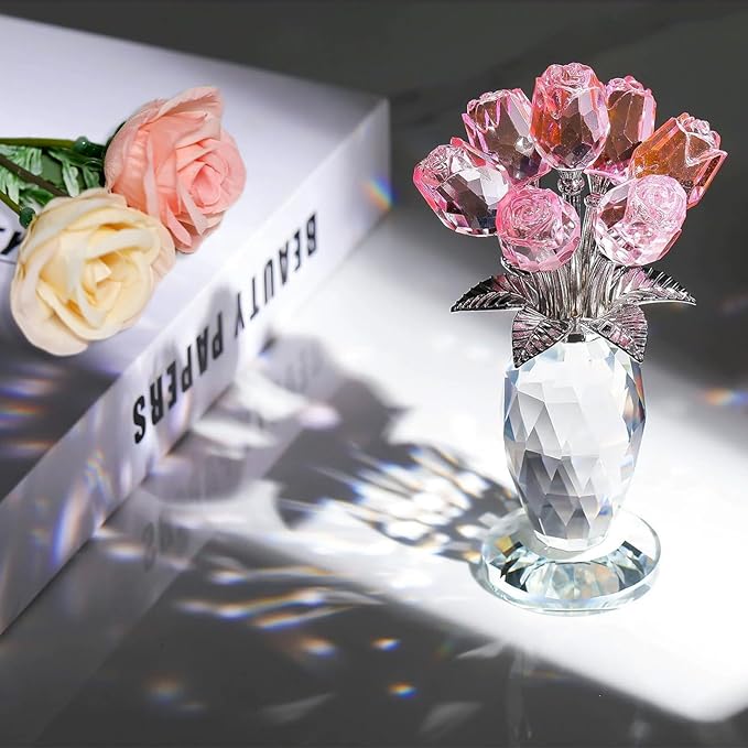 Glass Rose Flowers, Crystal Glass Figurines Rose Decorations for Home Gifts for Mom Wife Grandma, Crystal Flowers Collectible Ornament Mother's Day Thanksgiving Anniversary Birthday Gifts (Pink Rose)