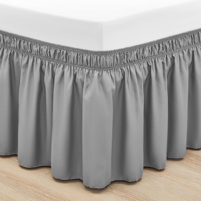 RIMELA Bed Skirt King Size Light Grey Bed Skirt 12 Inch Drop, Wrap Around Elastic Adjustable Bedskirt, Dust Ruffle for Bed Frame & Box Spring Soft Durable Fabric Machine Washable Easy to Install